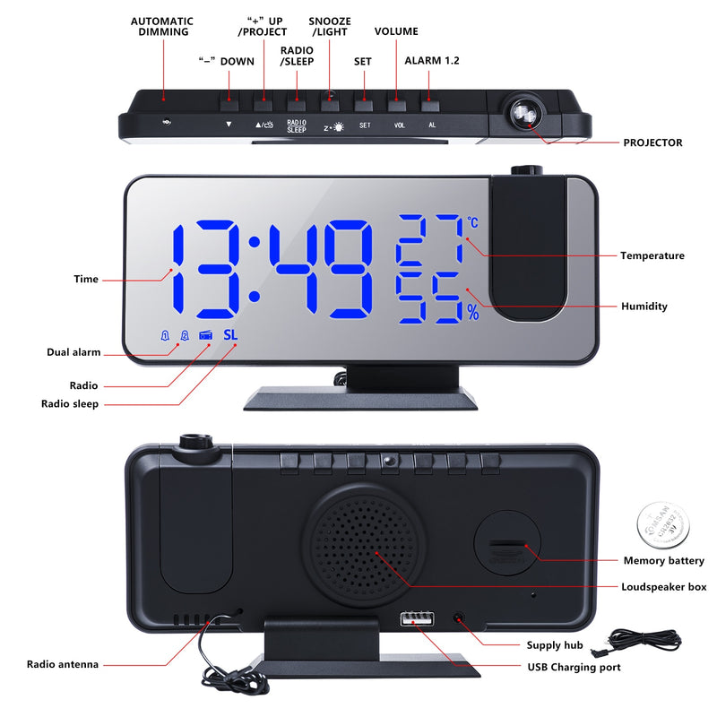 Relógio de mesa eletrônico com rádio fm digital inteligente, usb, projeta a hora!