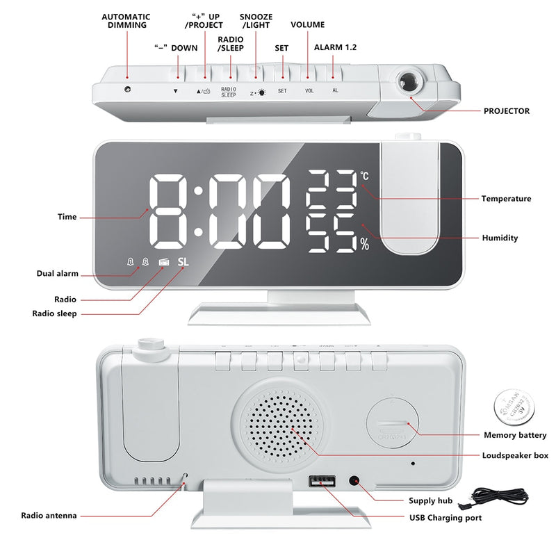 Relógio de mesa eletrônico com rádio fm digital inteligente, usb, projeta a hora!