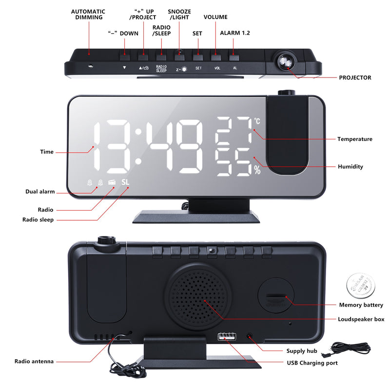 Relógio de mesa eletrônico com rádio fm digital inteligente, usb, projeta a hora!